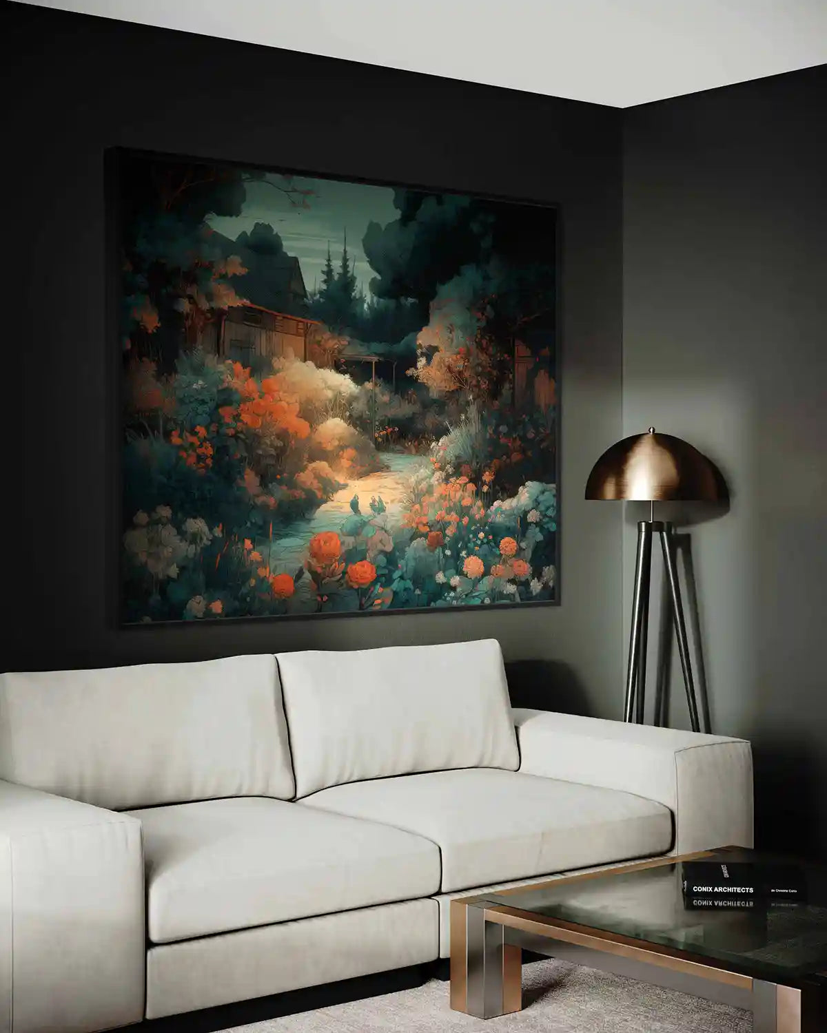 Memo digital art print on oversized wall art in a cozy modern living room with sofa, enhancing home decor with a serene and inviting ambiance.