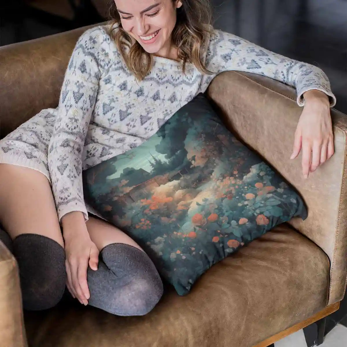 Smiling girl sitting on sofa with pillow featuring Memo digital art print.