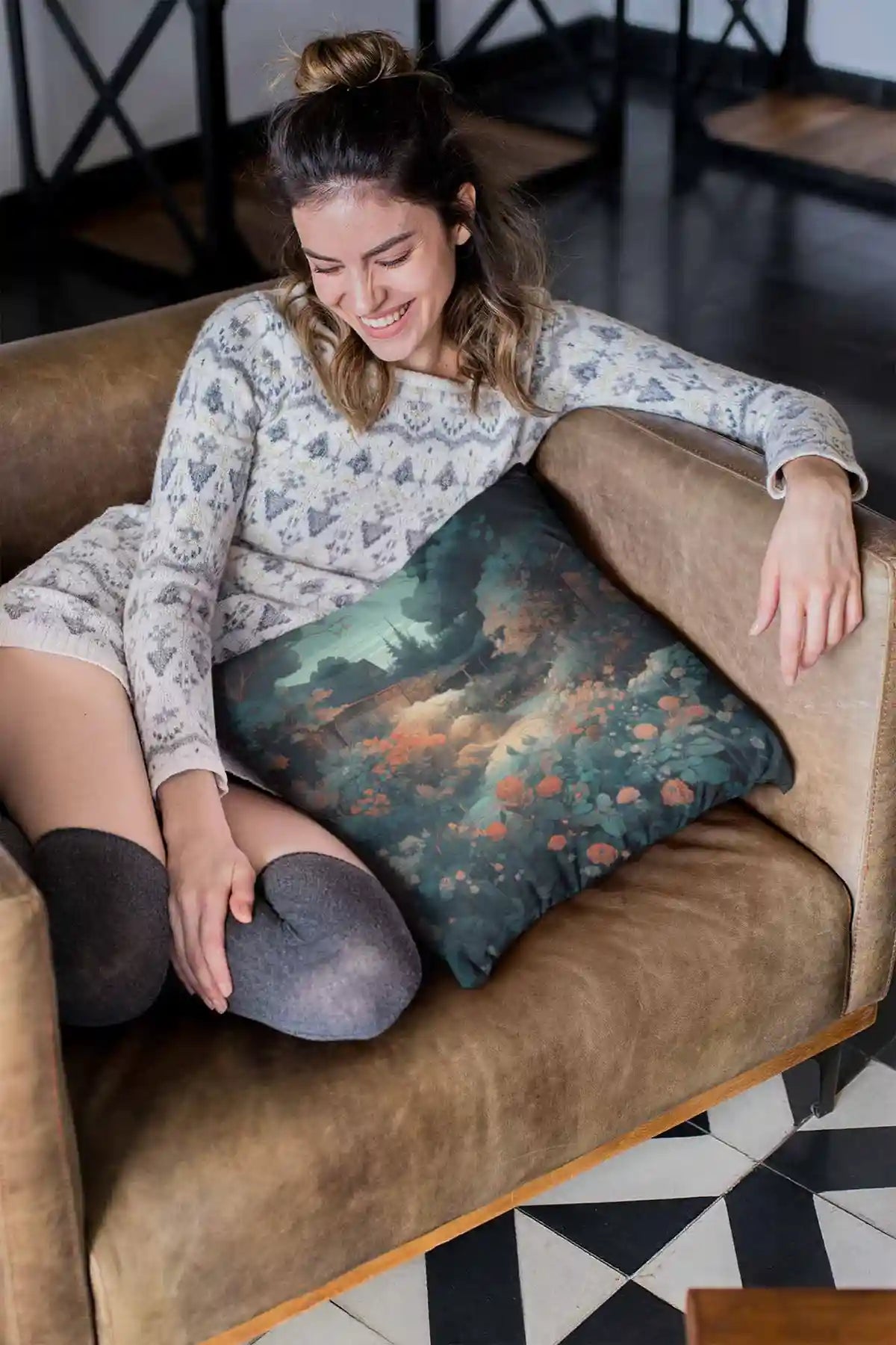 Memo digital art print on a pillow featuring a smiling girl sitting on a sofa, adding a cheerful and artistic touch to your home decor.