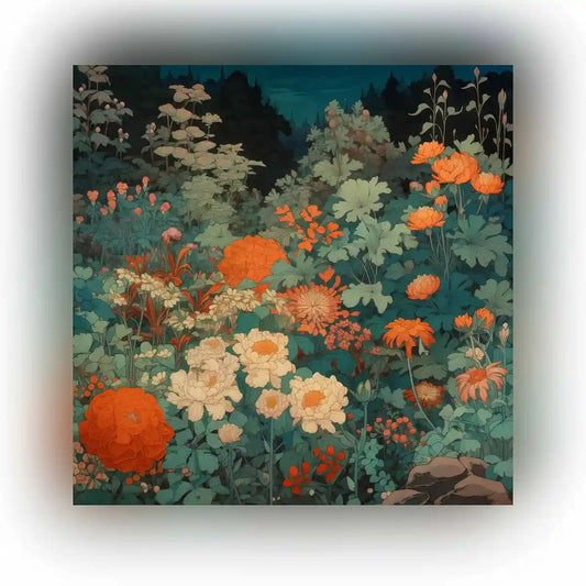 Midnight Garden digital art featuring a serene moonlit garden with vibrant flowers, creating a tranquil and captivating ambiance.