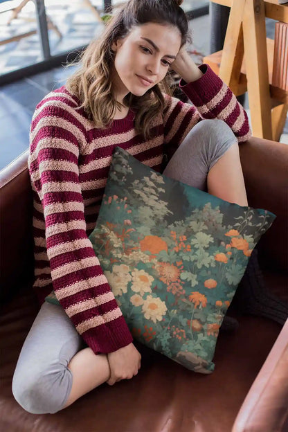 Midnight Garden digital art print on a pillow featuring a girl sitting on a leather sofa, depicting a serene garden with vibrant flowers under moonlight.