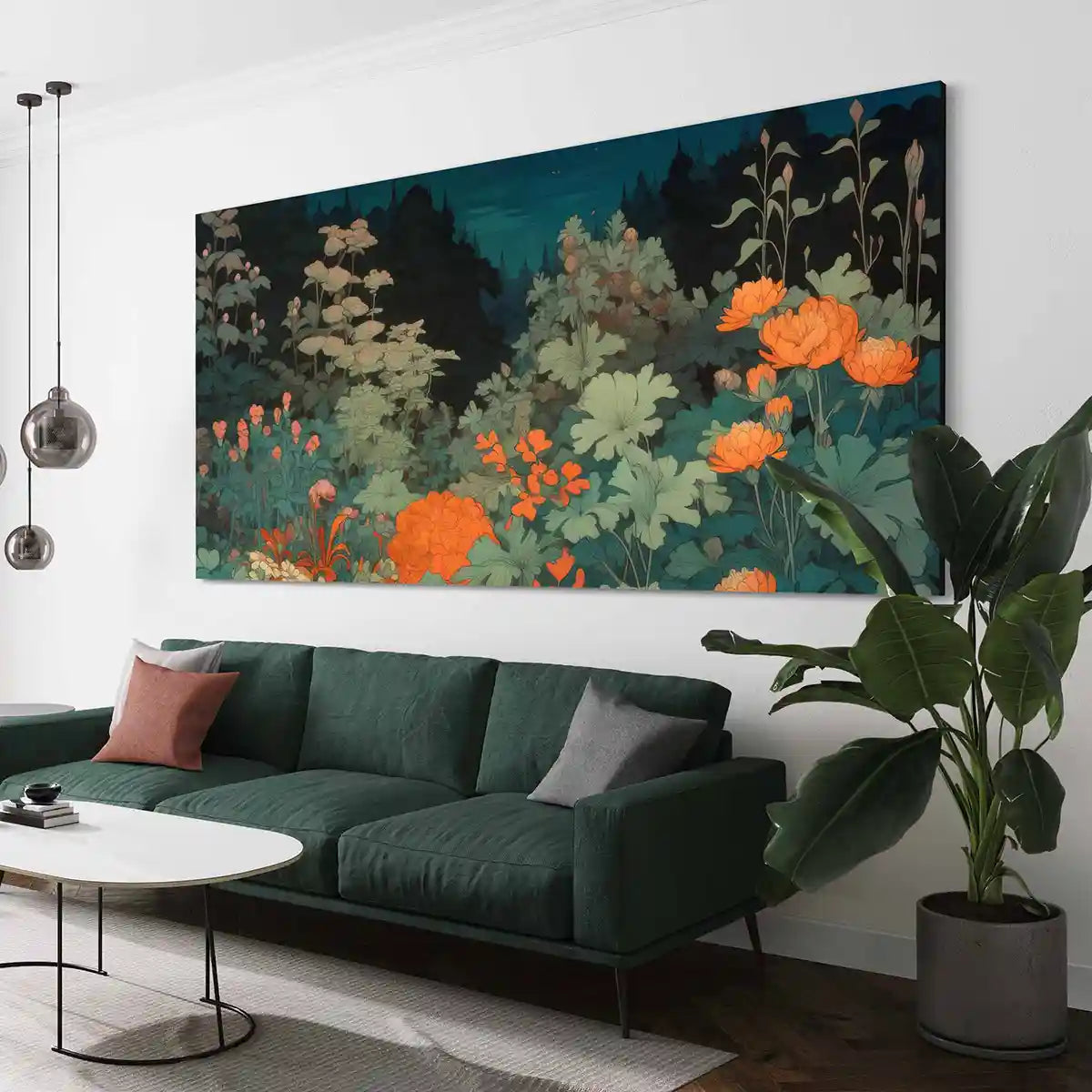 Midnight Garden digital art print on oversized wall art in a contemporary living room with a green sofa, side view, depicting a moonlit garden with vibrant flowers.