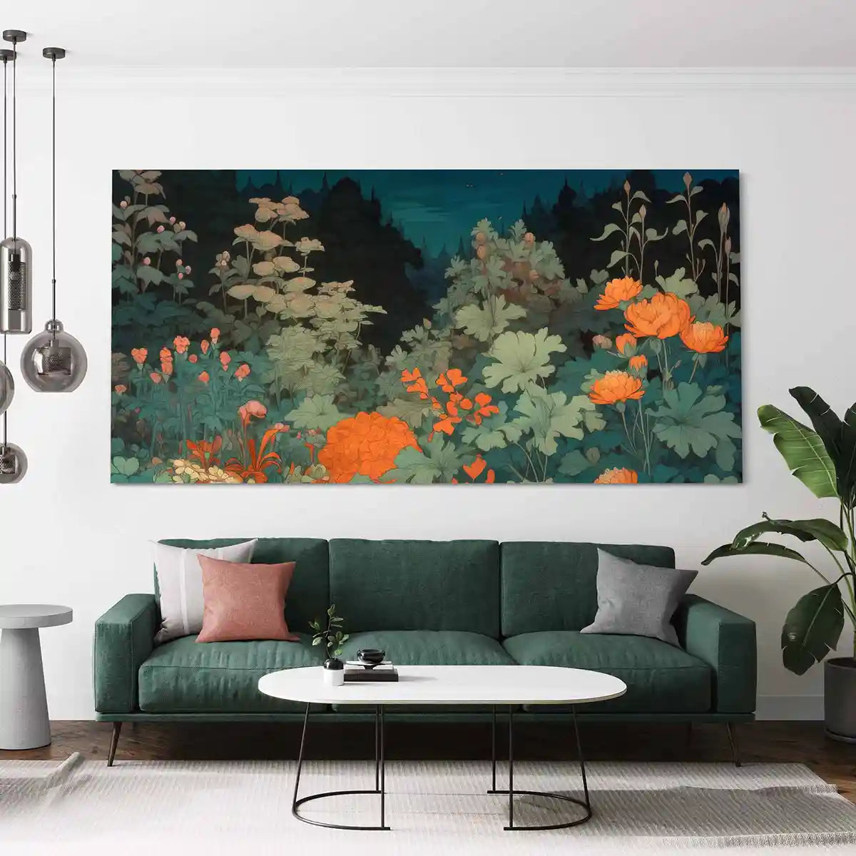 Midnight Garden digital art print on oversized wall art in a contemporary living room with a green sofa, depicting a moonlit garden with vibrant flowers.