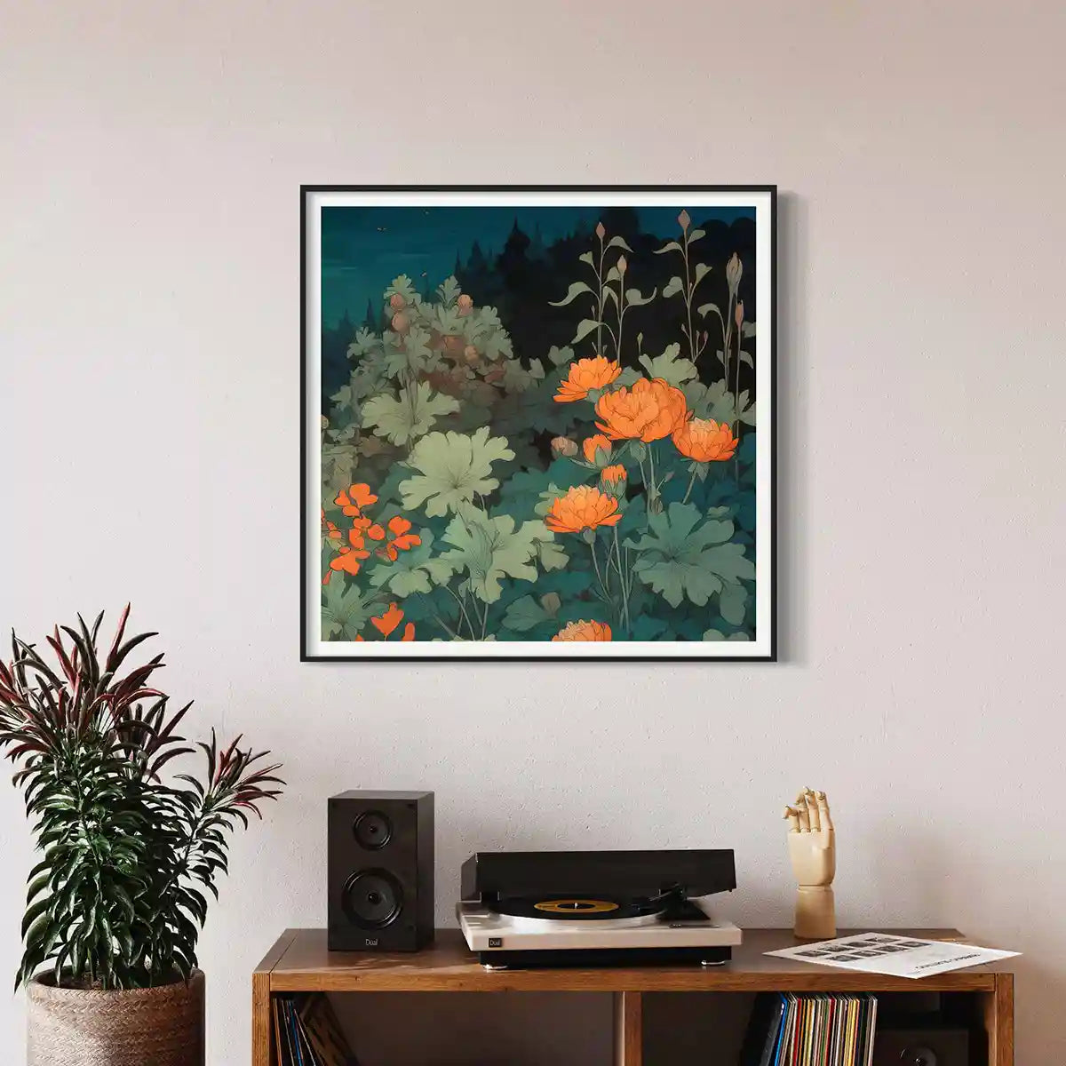 Vintage vinyl room with Midnight Garden digital wall art print decor.
