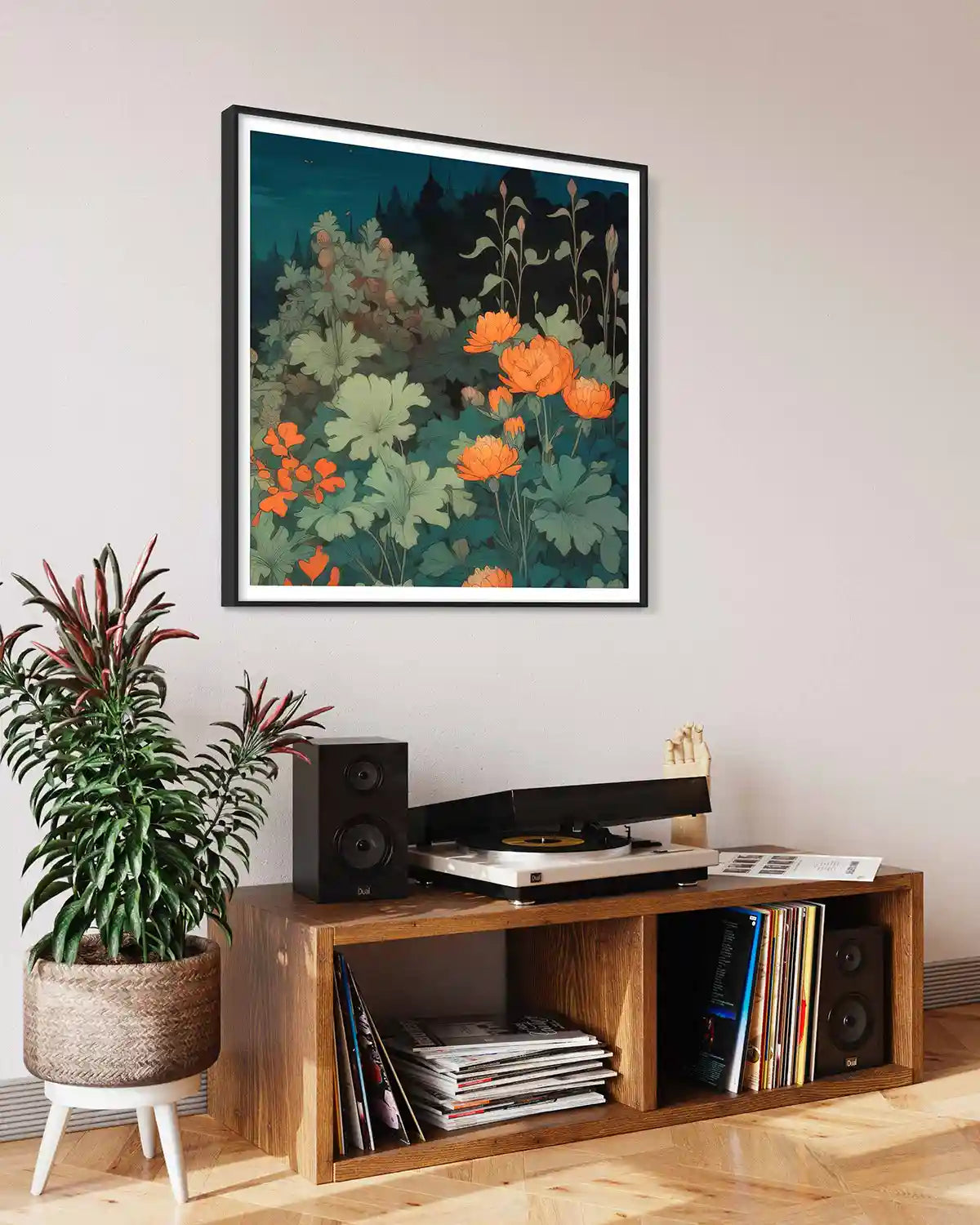 Midnight Garden digital art print on wall art in a vintage-styled vinyl room, side view, showcasing a serene moonlit garden with vibrant flowers.