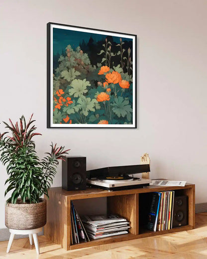 Midnight Garden digital art print on wall art in a vintage-styled vinyl room, side view, showcasing a serene moonlit garden with vibrant flowers.