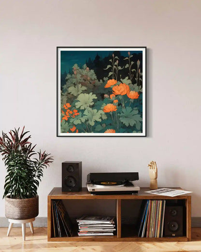 Midnight Garden digital art print on wall art in a vintage-styled vinyl room, featuring a serene moonlit garden with vibrant flowers.