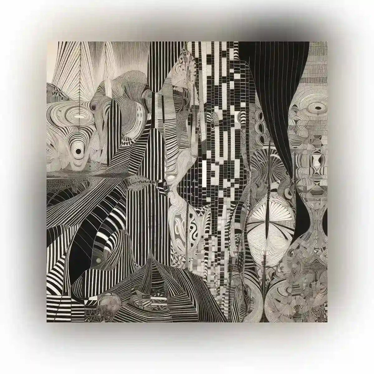 Monoka-5 digital art featuring geometric black and white abstract art patterns creating a bold and intricate design.