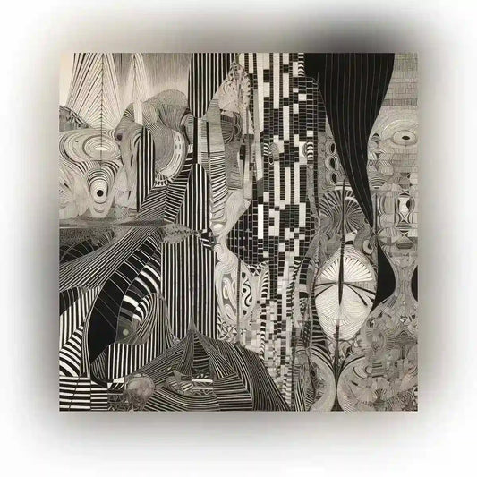 Monoka-5 digital art featuring geometric black and white abstract art patterns creating a bold and intricate design.