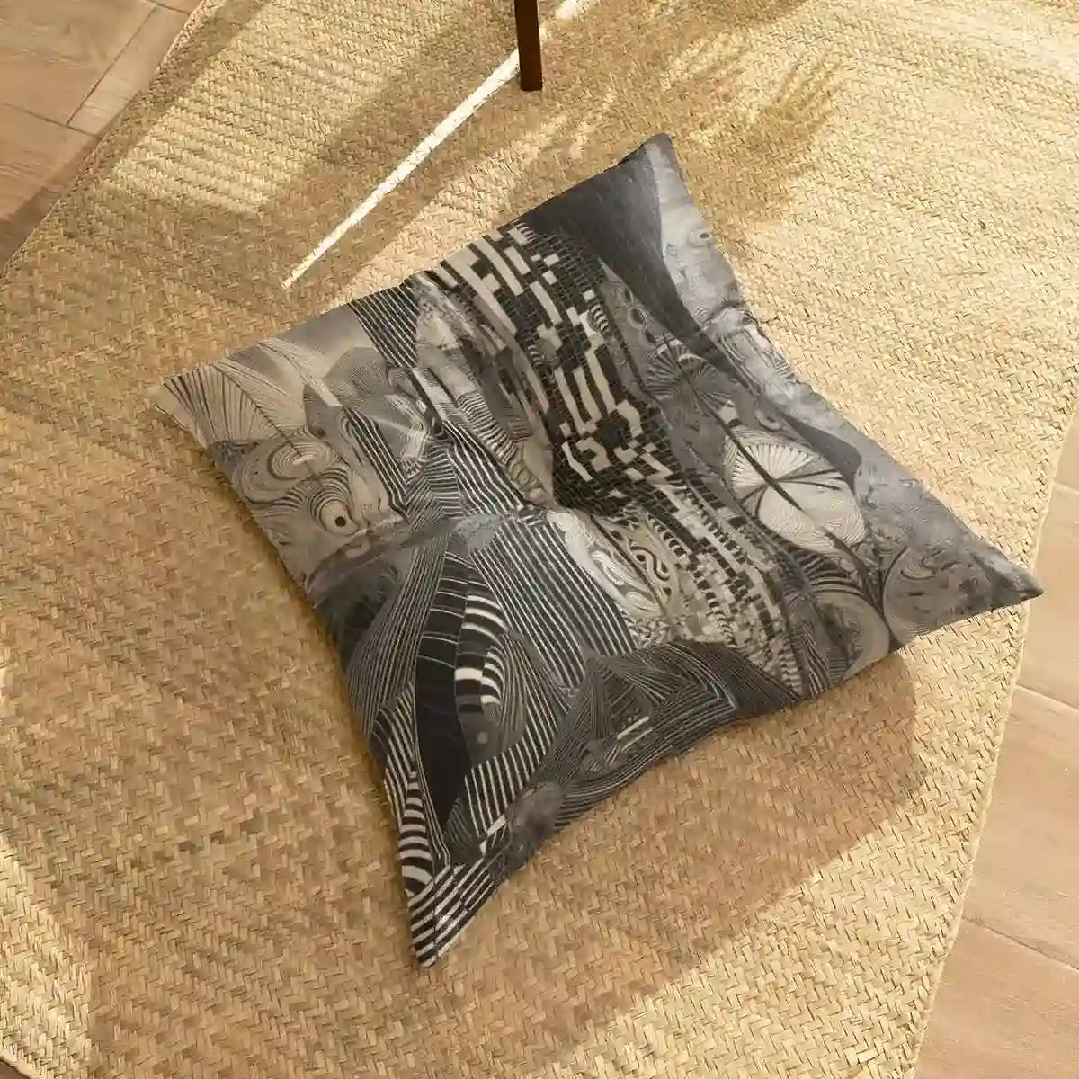 Cozy jute mat with floor pillow featuring Monoka-5 digital art print.
