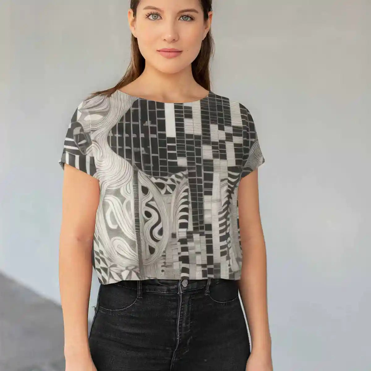 Crop top with Monoka-5 digital art print worn by woman looking at the camera.