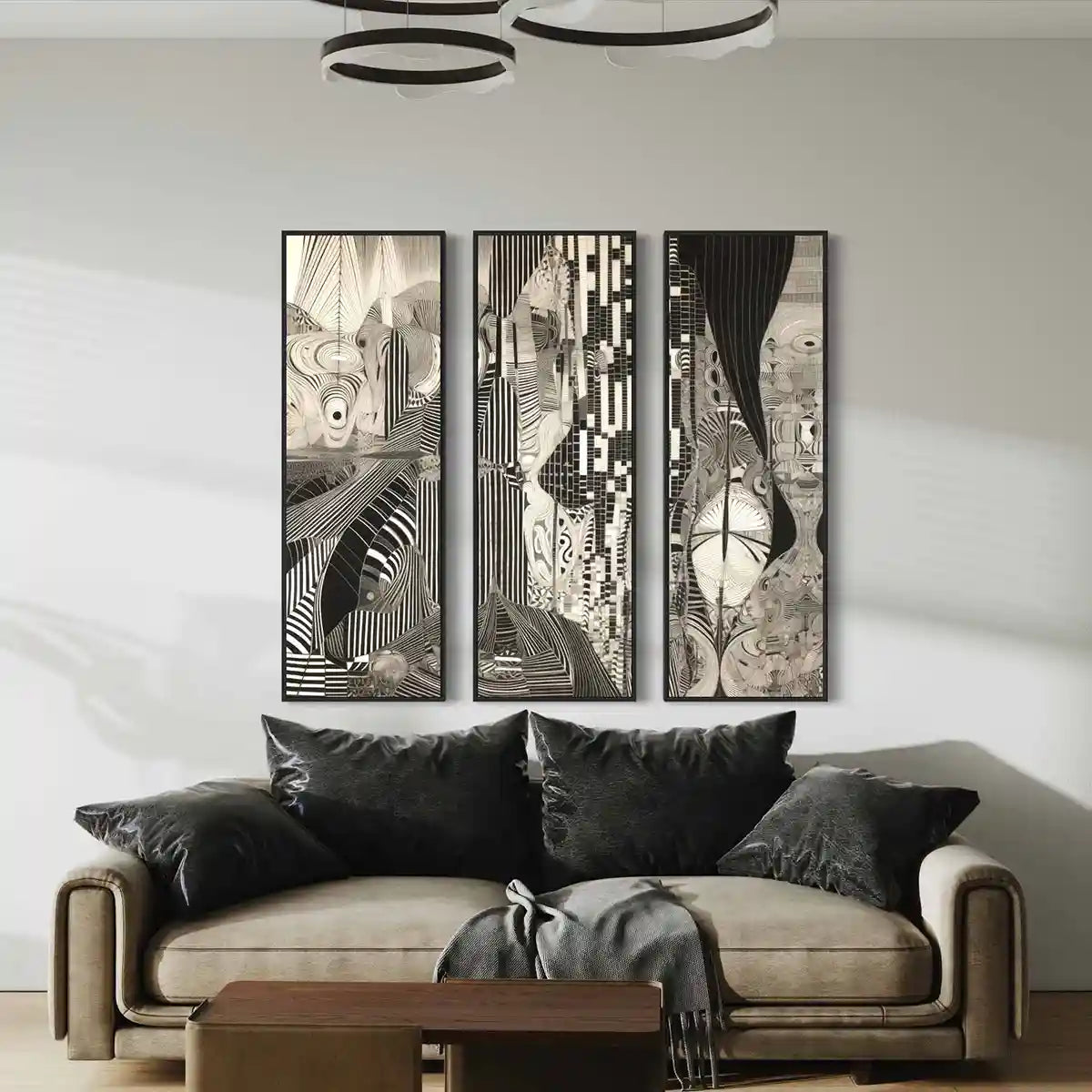 Monoka-5 oversized triptych digital art wall print in luxury living room.
