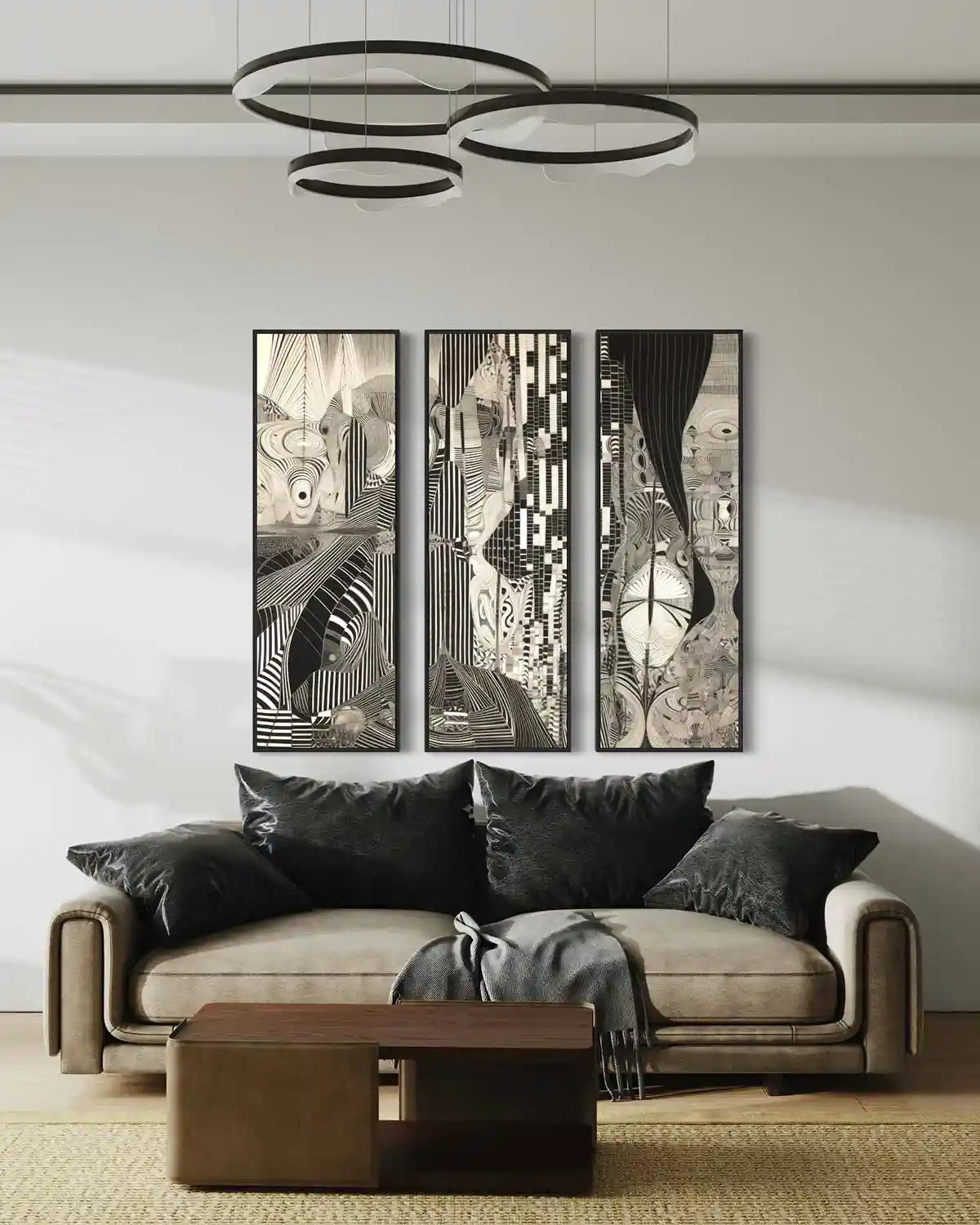Monoka-5 oversized triptych digital art wall print in luxury living room.