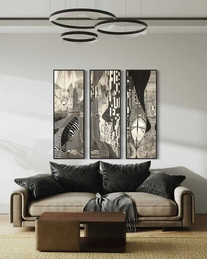 Monoka-5 oversized triptych digital art wall print in luxury living room.