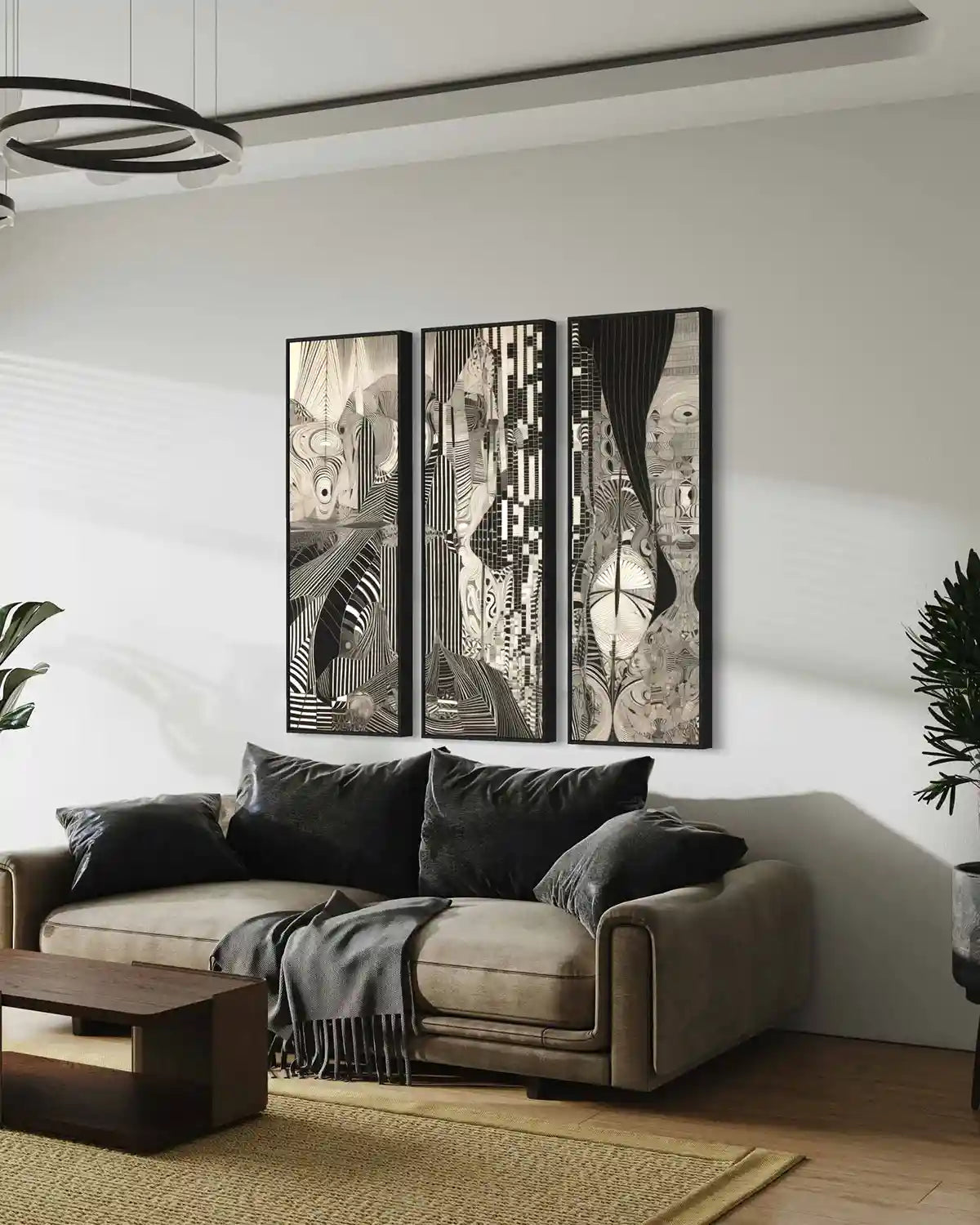 monoka-5-digital-art-print-on-oversized-triptych-wall-art-in-luxury-living-room-side-view-abstract-art-home-decor