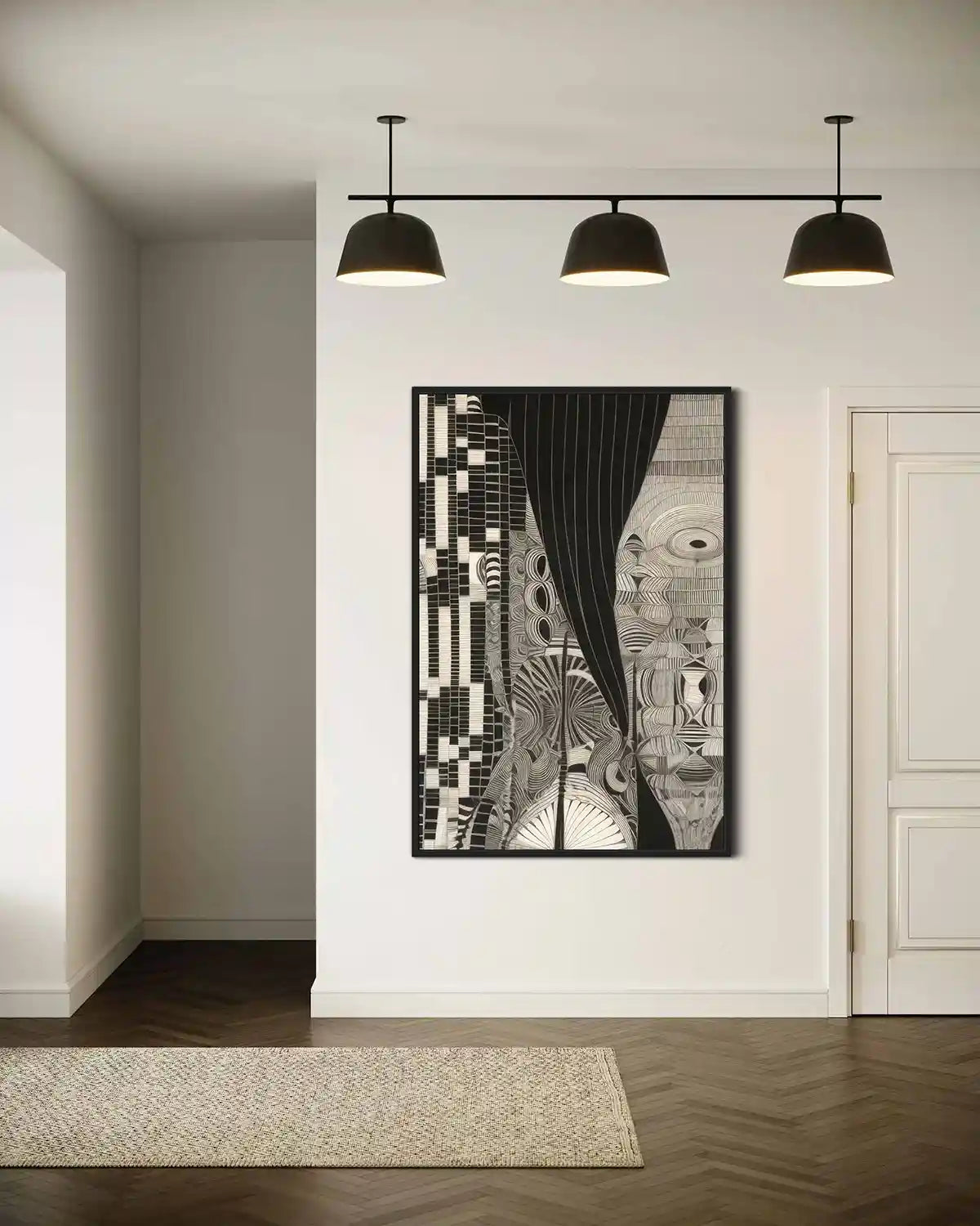 Monoka-5 oversized digital art print wall art in minimalist entry hall.