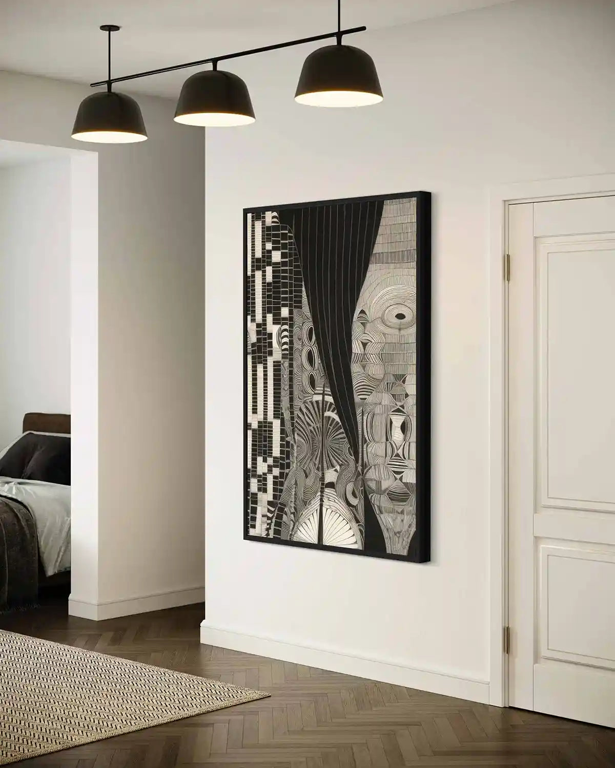 Modern interior with Monoka-5 oversized digital art print and black pendant lights.