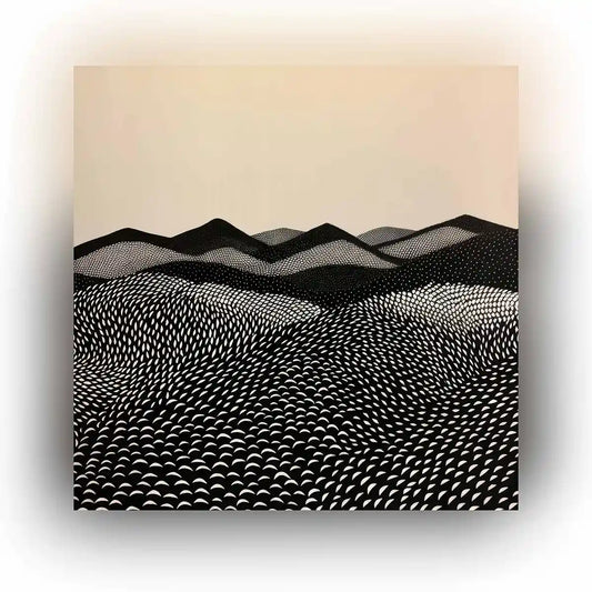 Mountains digital art featured image, showcasing an abstract representation of rolling hills in black and white patterns.