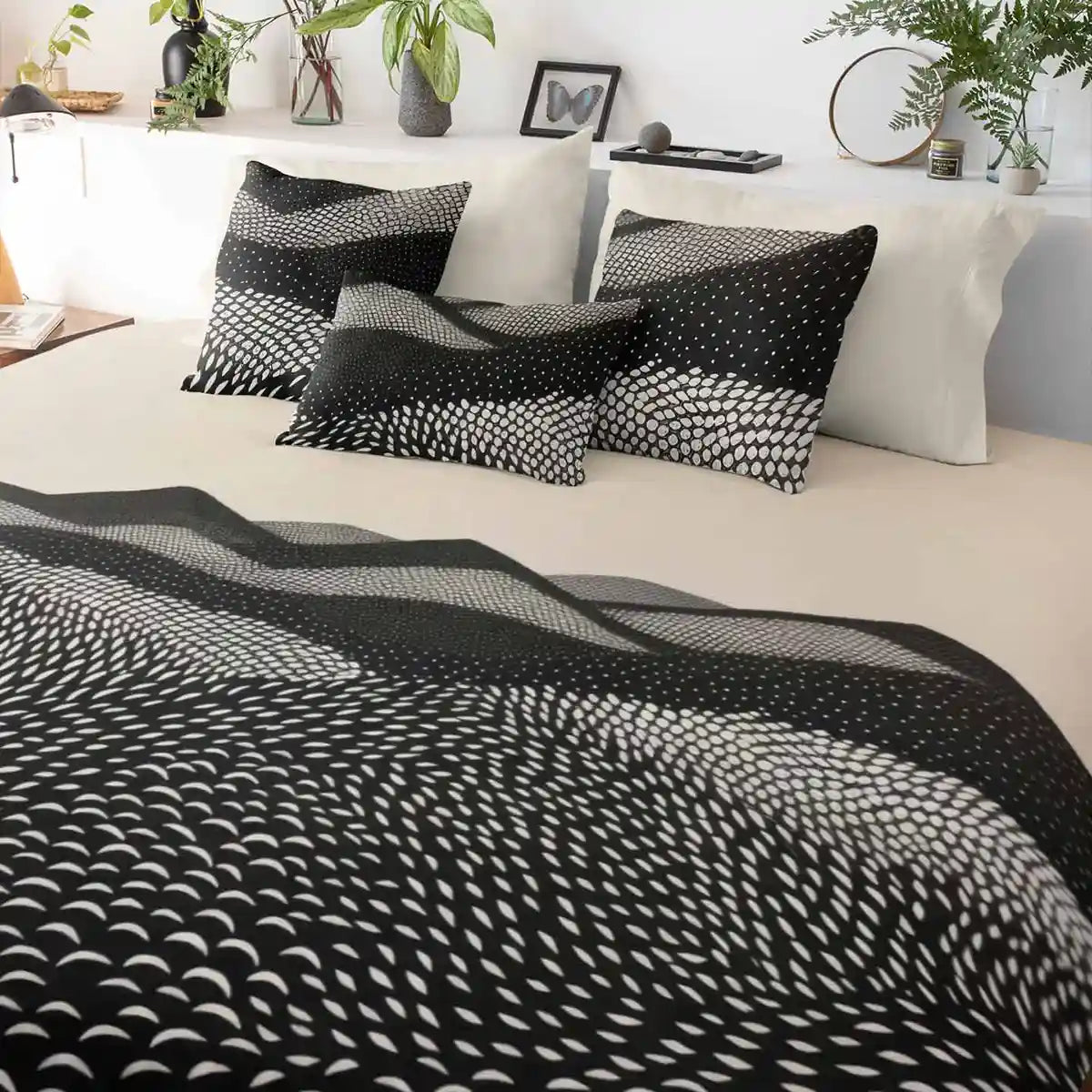 Bedroom decor with duvet cover and pillows featuring Mountains digital art print.