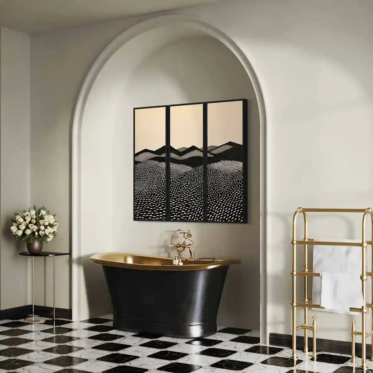 Mountains digital art triptych wall art print in luxury bathroom interior design.