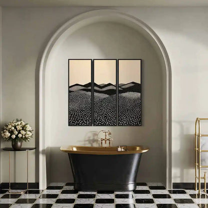 Mountains digital art triptych wall art print in luxury bathroom interior design.