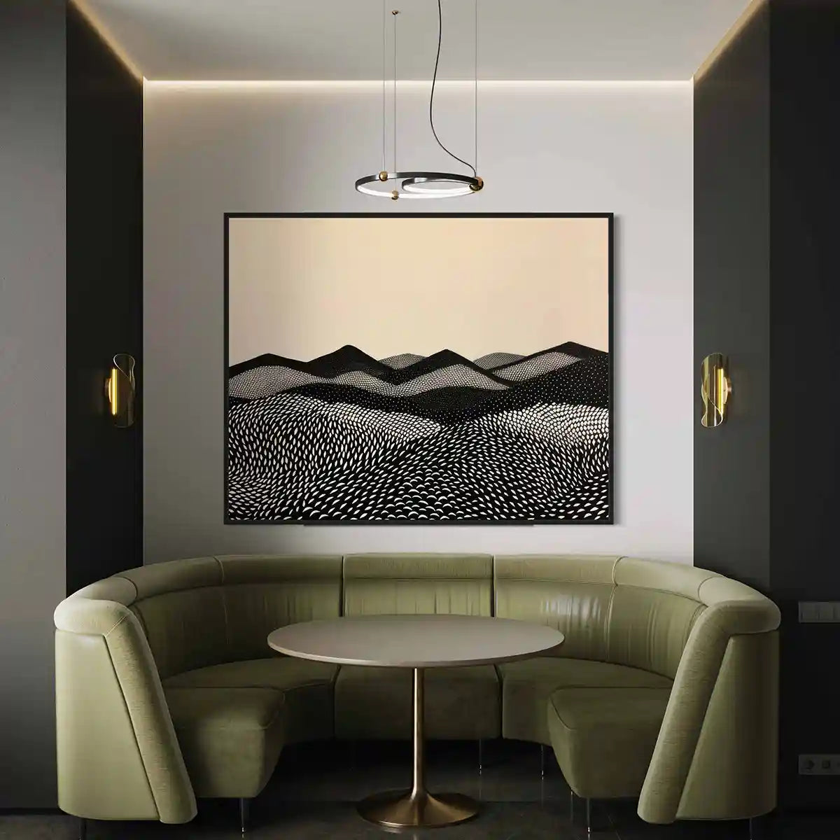 Oversized Mountains digital art wall print in opulent dining room.