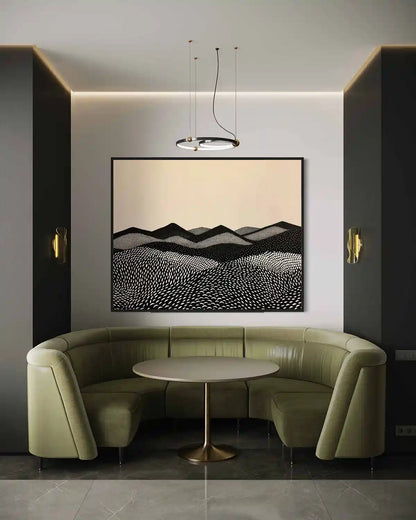 Oversized Mountains digital art wall print in opulent dining room.