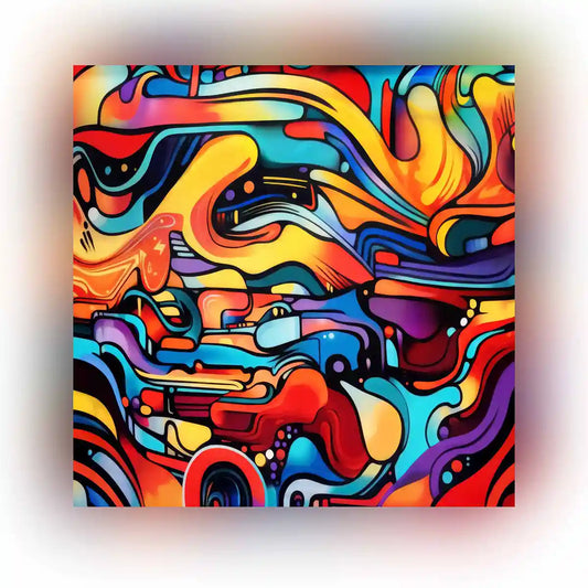 Multivue digital art print featuring a dynamic explosion of bold colors and shapes, showcasing a vibrant, energetic composition.