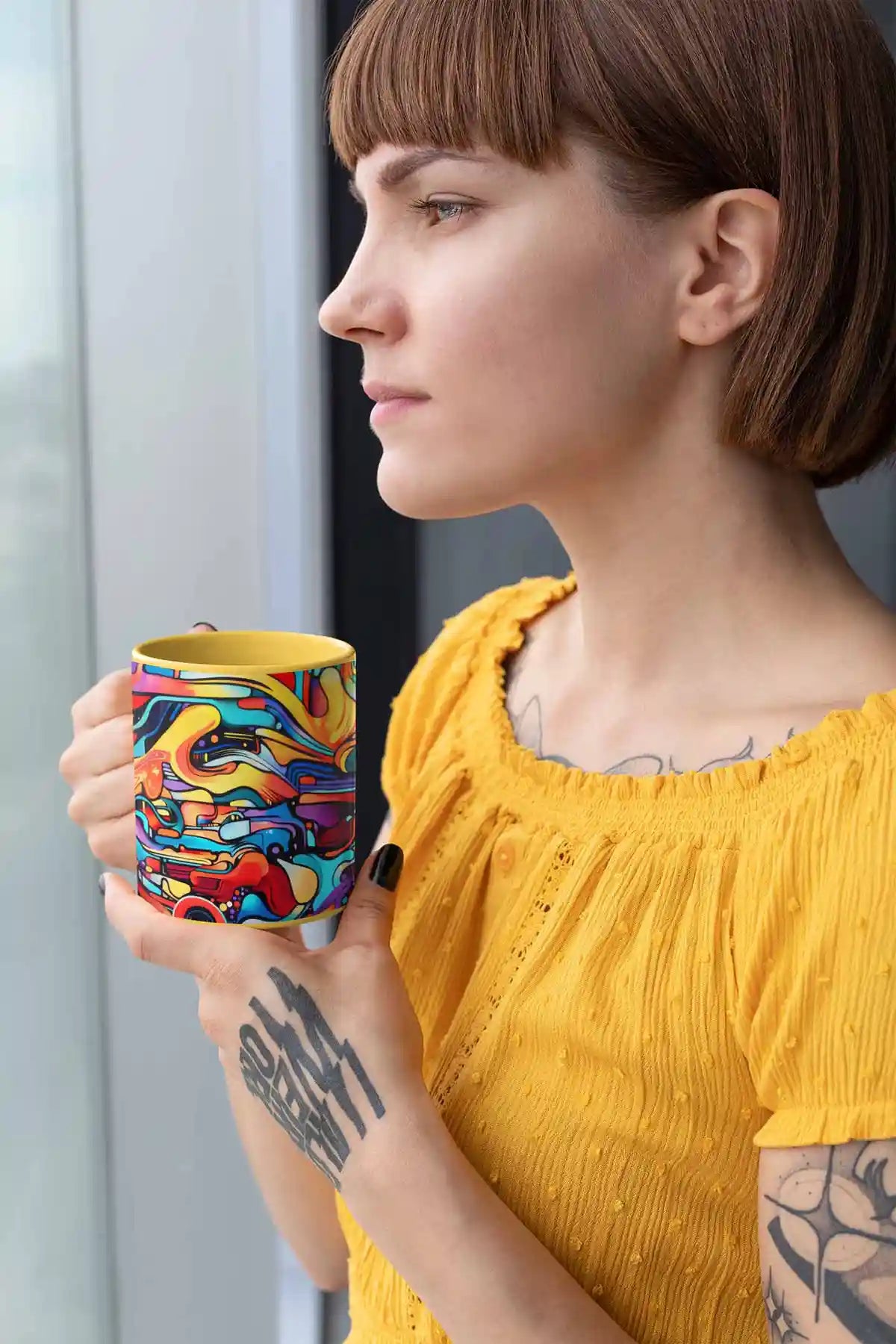 Multivue digital art print on an 11 oz coffee mug featuring a woman staring through a window, with vibrant abstract shapes and colors.