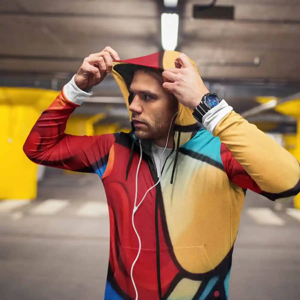 Multivue digital art print on a zip hoodie worn by a man exercising in a parking lot, showcasing dynamic and vibrant abstract art.