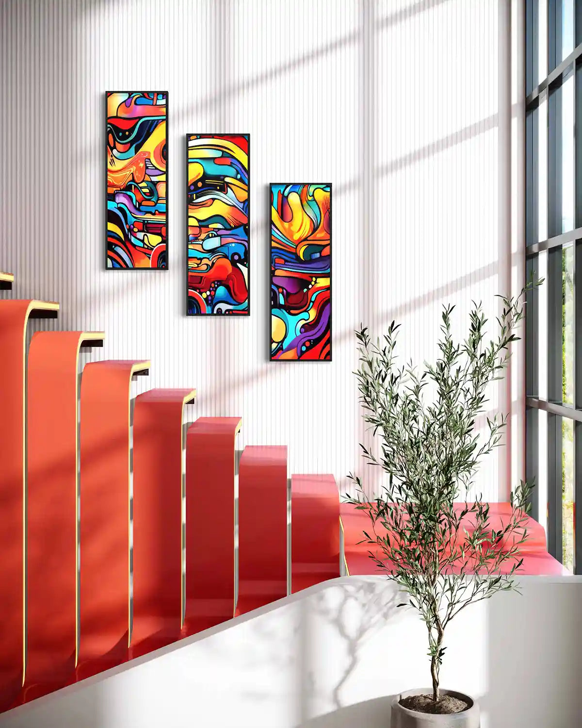 Multivue digital art print on oversized triptych wall art displayed by a red modern staircase, adding vibrant energy and contemporary art to the space.