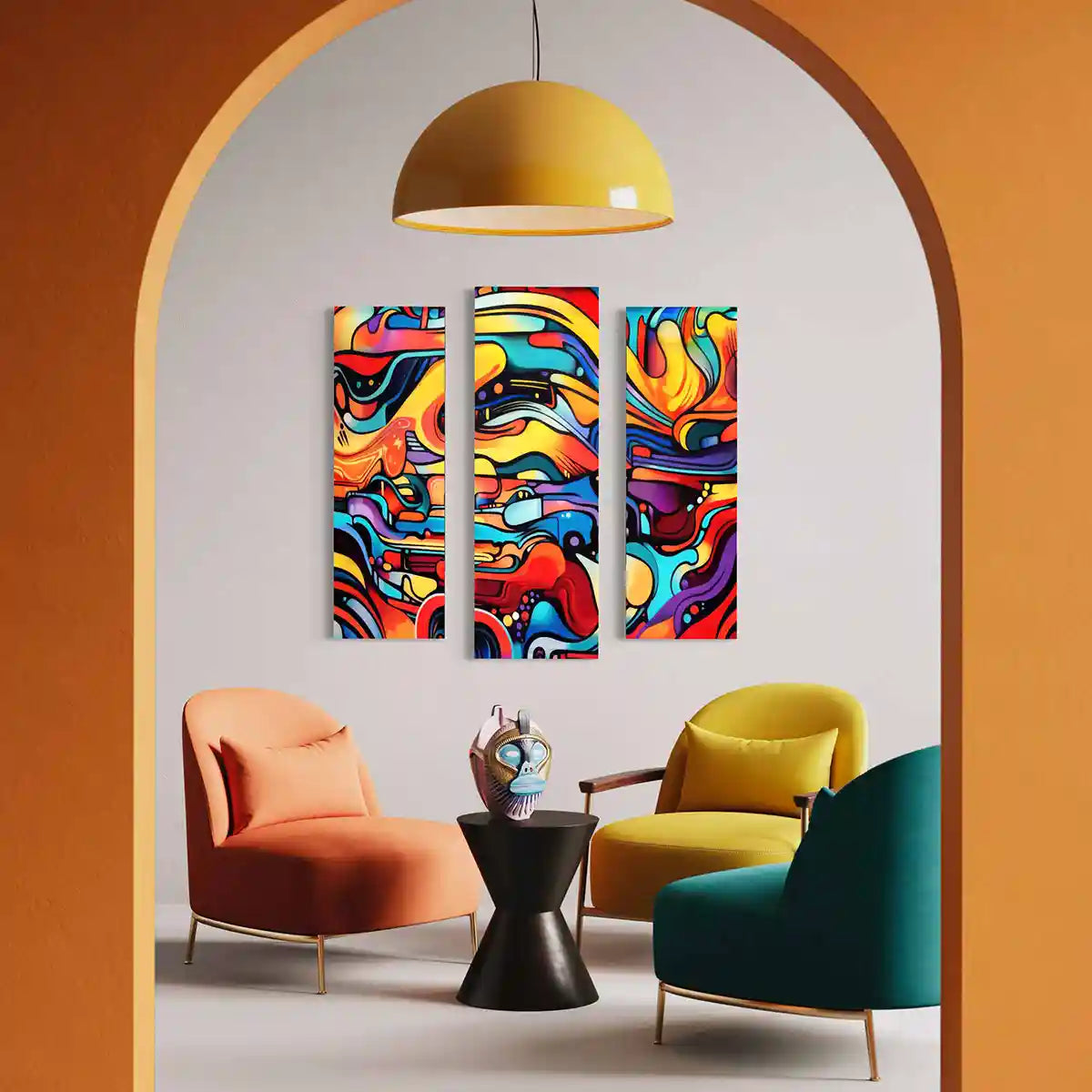 Colorful interior with Multivue oversized triptych digital wall art print.