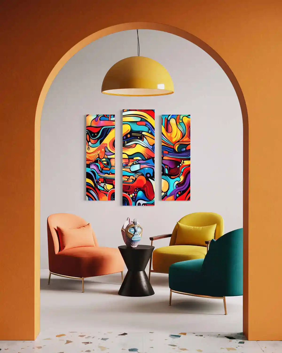 Colorful interior with Multivue oversized triptych digital wall art print.
