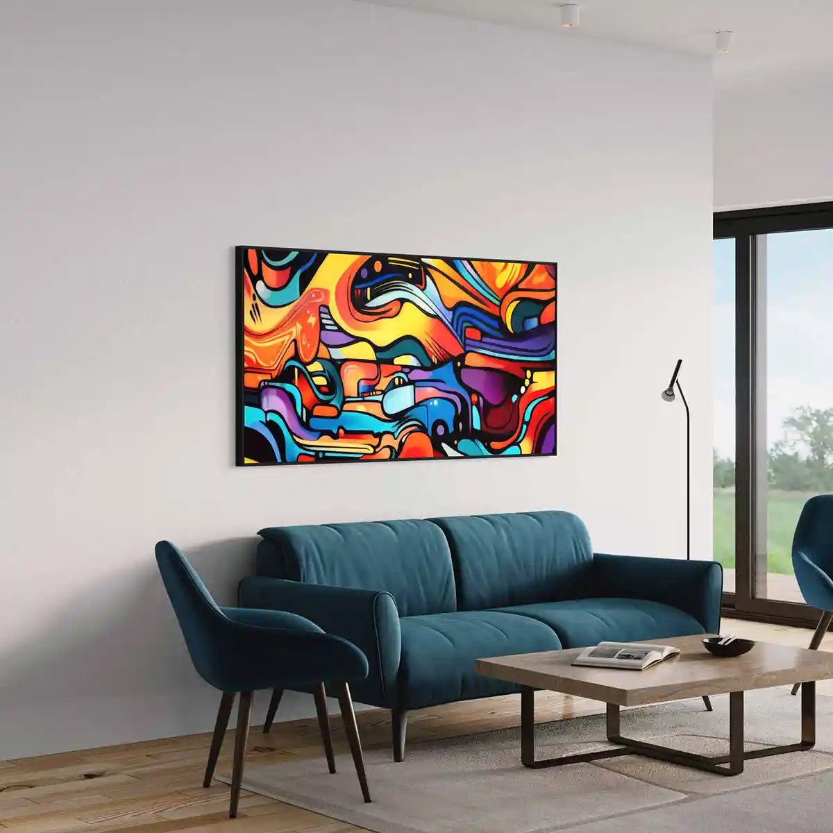 Multivue digital art print on oversized wall canvas in a modern minimalist living room with large windows, perfect for contemporary home decor and abstract art enthusiasts.