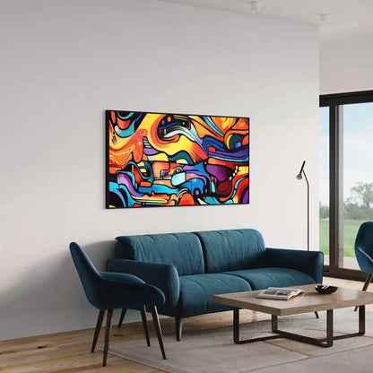 Multivue digital art print on oversized wall canvas in a modern minimalist living room with large windows, perfect for contemporary home decor and abstract art enthusiasts.