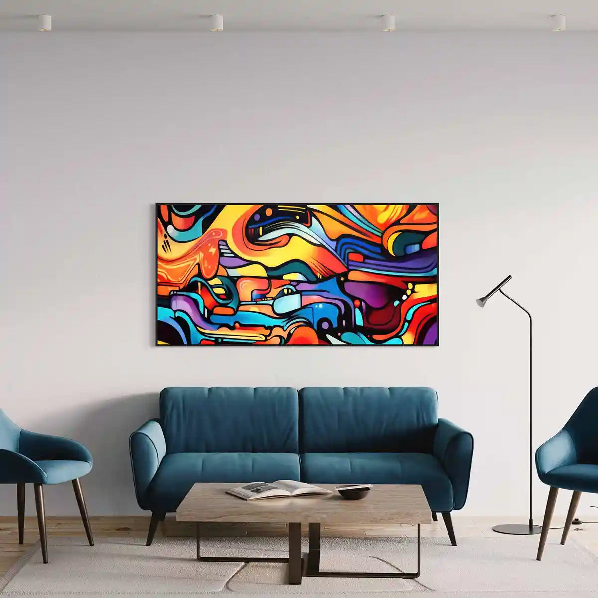 Multivue digital art print on oversized wall canvas in a modern minimalist living room, featuring vibrant colors and dynamic shapes.
