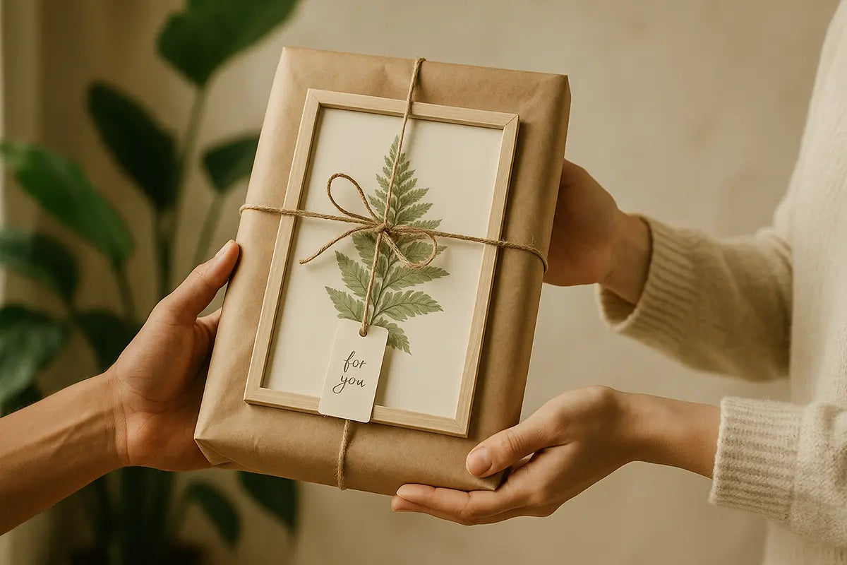 Person holding a gift wrapped in brown paper with a leaf design and 'for you' card.