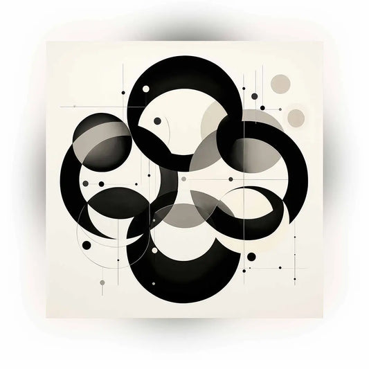 Overlapping Circles digital art featured image showcasing a sophisticated interplay of black and white circular forms in a minimalist design.