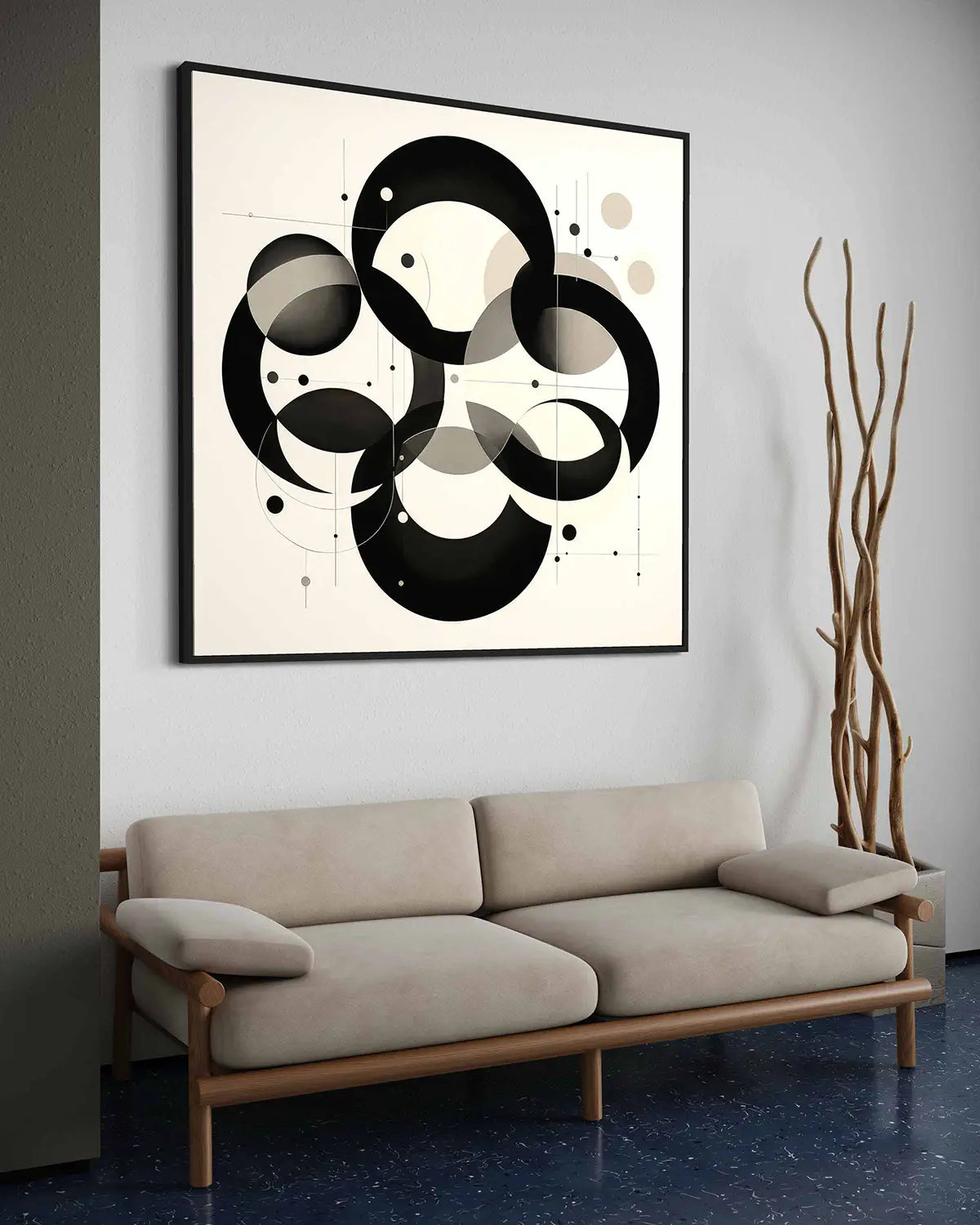 Overlapping Circles digital art print on oversized 11 wall art, featuring a minimalist design with black and white circular forms, side view.