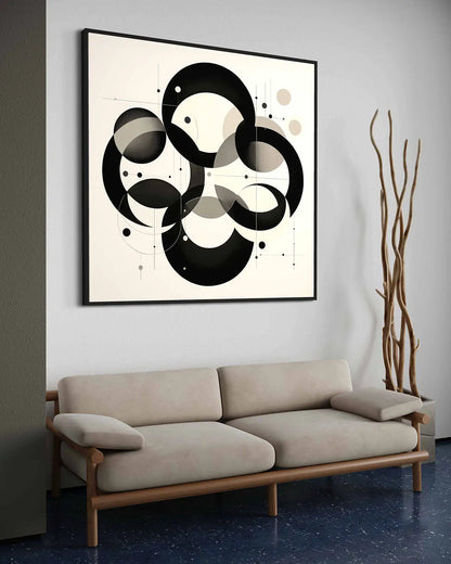 Overlapping Circles digital art print on oversized 11 wall art, featuring a minimalist design with black and white circular forms, side view.