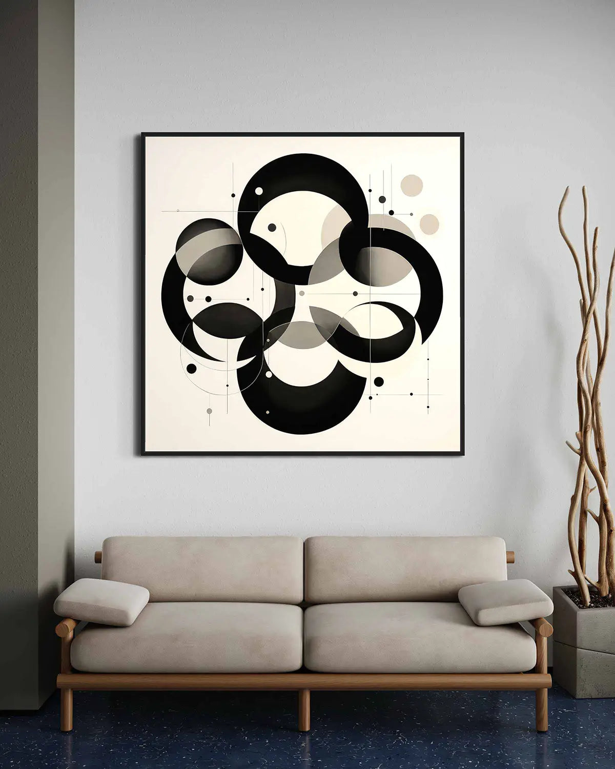 Overlapping Circles digital art print on oversized 11 wall art, featuring a minimalist design with black and white circular forms, side view.