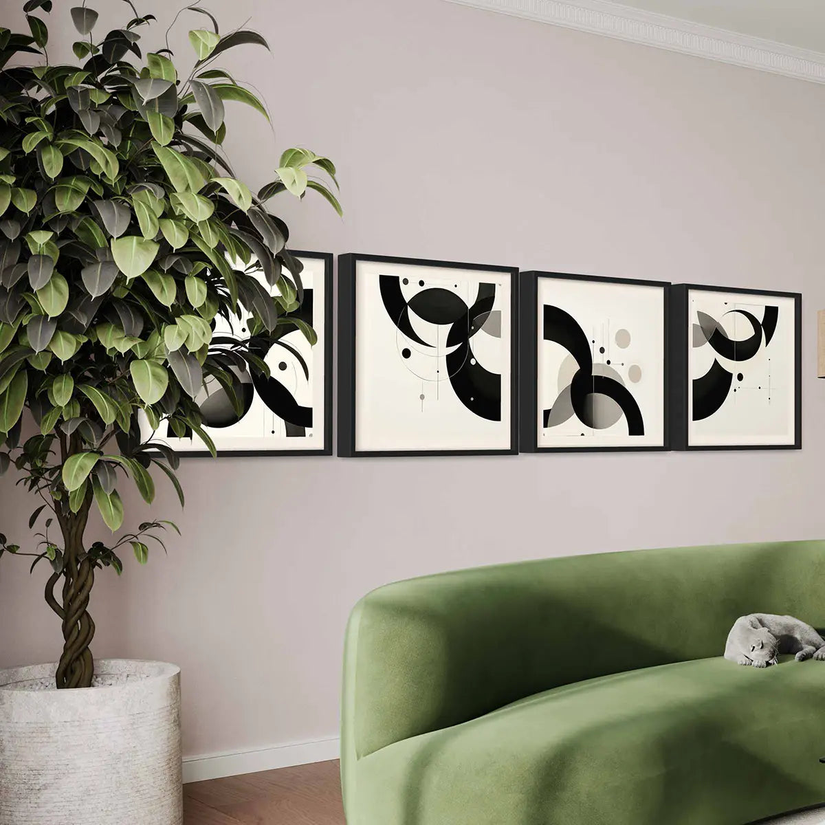 Overlapping Circles digital art print on oversized quadriptych wall art, side view, showcasing black and white geometric circular patterns.