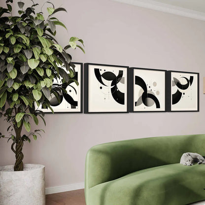 Overlapping Circles digital art print on oversized quadriptych wall art, side view, showcasing black and white geometric circular patterns.
