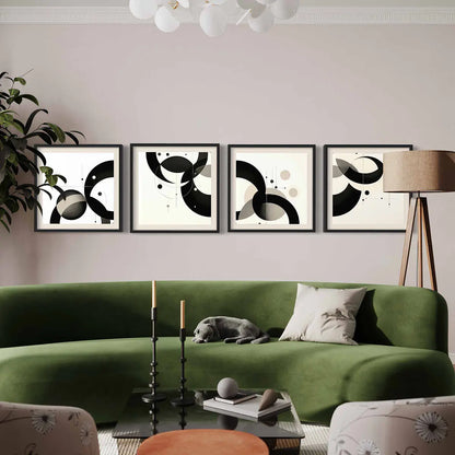 Overlapping Circles digital art print on oversized quadriptych wall art, featuring black and white geometric circular patterns.