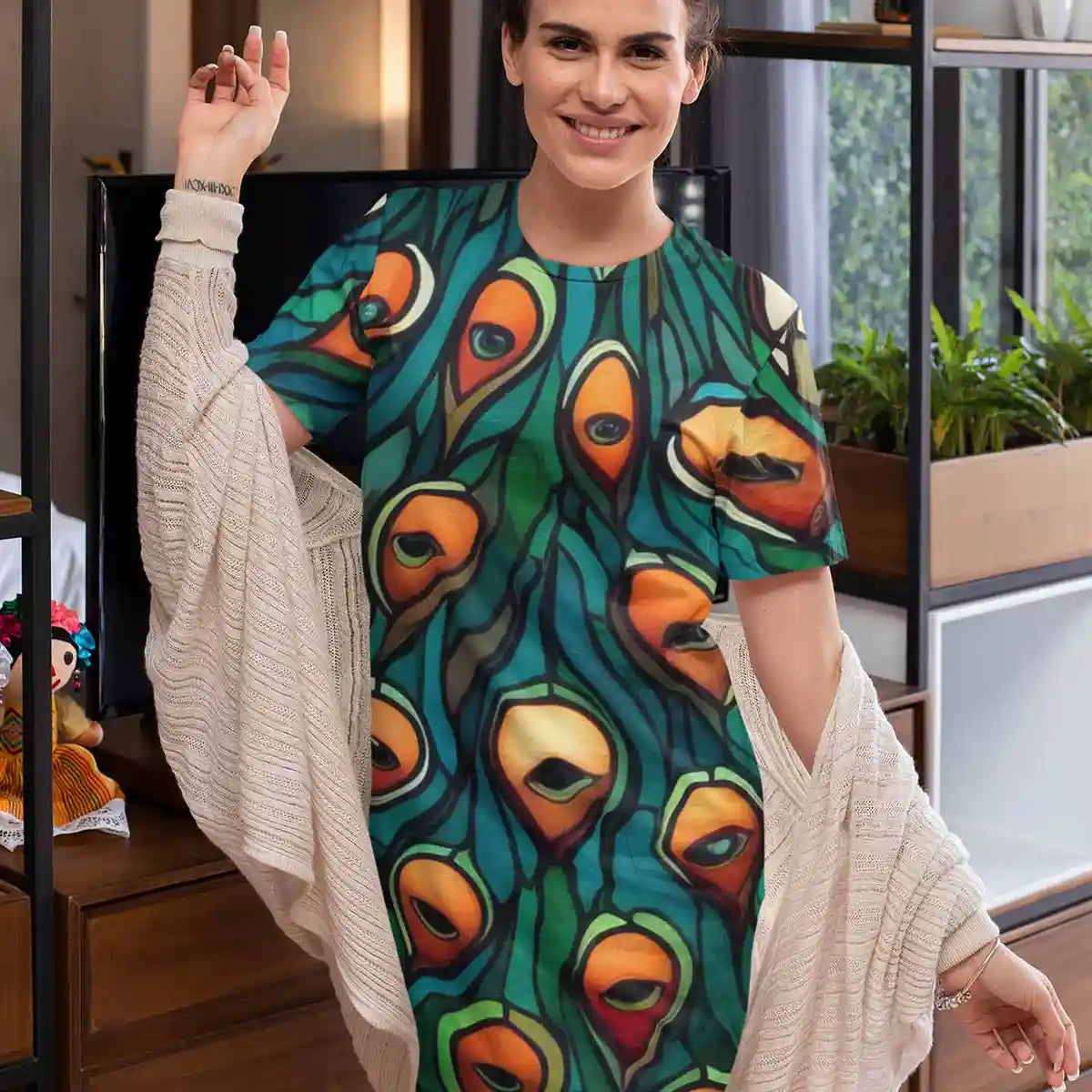 Peacock-1 digital art print on stylish night dress worn by happy woman at home
