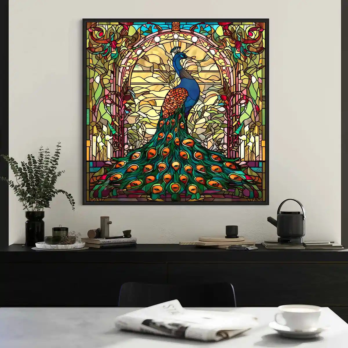 Peacock 1 digital art print displayed on oversized wall art in a modern kitchen space, frontal view. A vibrant stained glass peacock design, perfect for home decor and contemporary art collections.