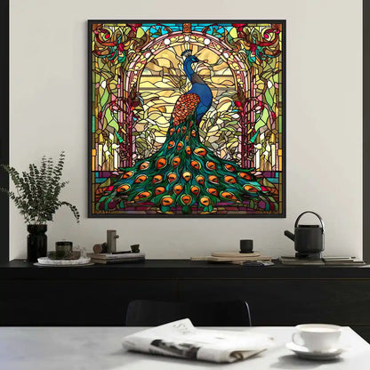 Peacock 1 digital art print displayed on oversized wall art in a modern kitchen space, frontal view. A vibrant stained glass peacock design, perfect for home decor and contemporary art collections.