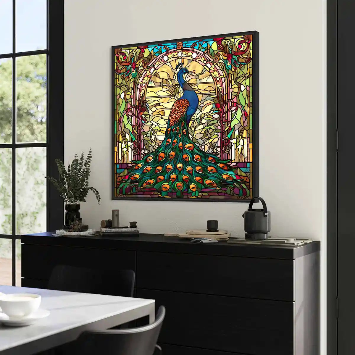 Peacock 1 digital art print displayed on oversized wall art in a modern kitchen space, side view. A vibrant stained glass peacock design, ideal for home decor and contemporary art collections.
