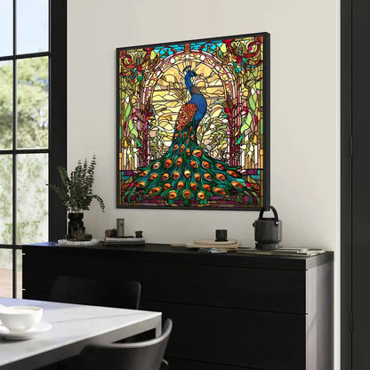 Peacock 1 digital art print displayed on oversized wall art in a modern kitchen space, side view. A vibrant stained glass peacock design, ideal for home decor and contemporary art collections.