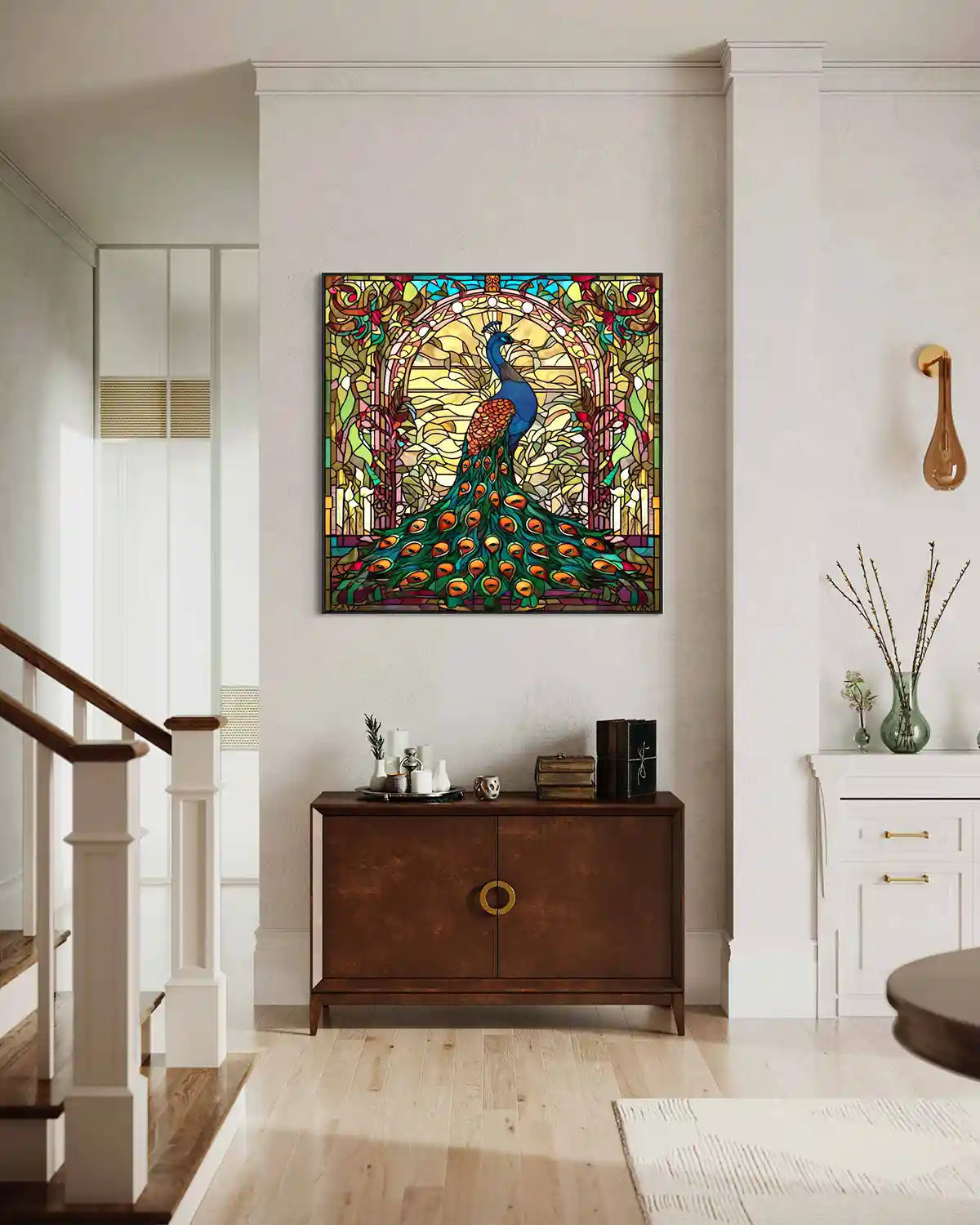 Peacock 1 digital art print displayed on oversized wall art in a modern staircase hall, showcasing a vibrant stained glass depiction of a peacock, perfect for home decor and contemporary art collections.